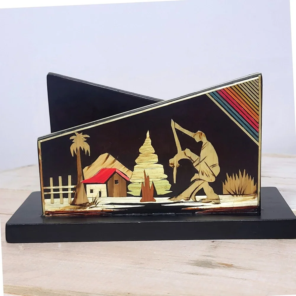Vintage Cali Colombia Straw Art Napkin Holder Handmade Wood Marquetry Souvenir